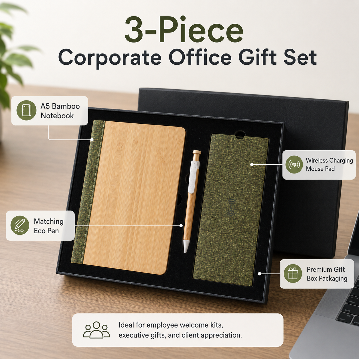 Office gift set with notebook, pen, charging mouse pad and gift box