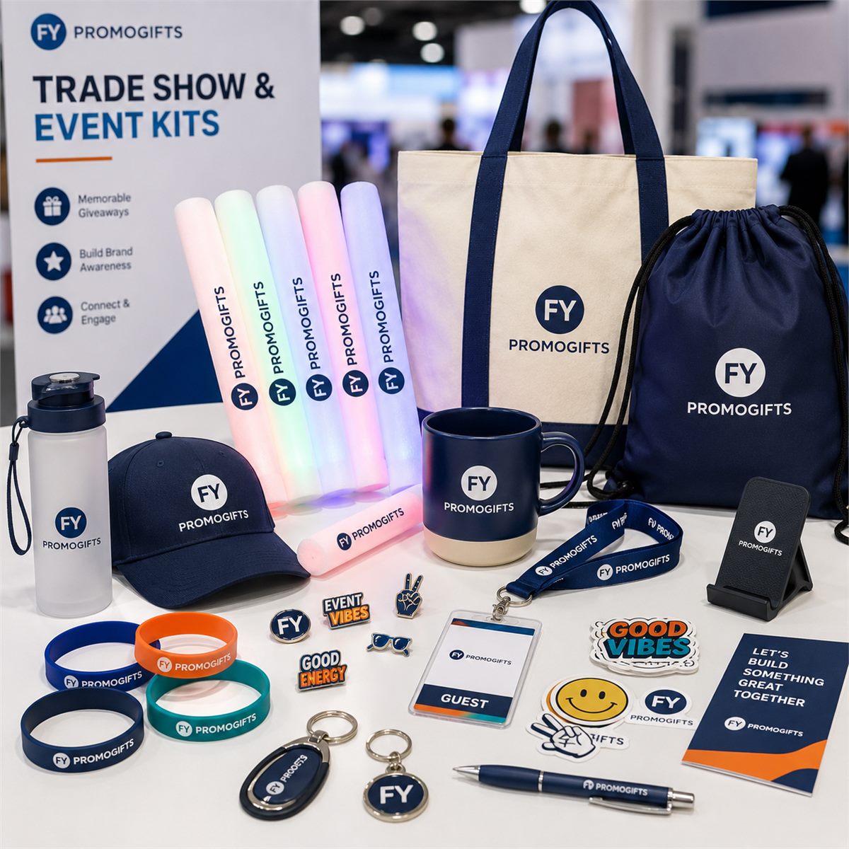 Custom event gift kit with tote bag, drinkware, lanyard, notebook, wristbands, stickers and branded giveaway items