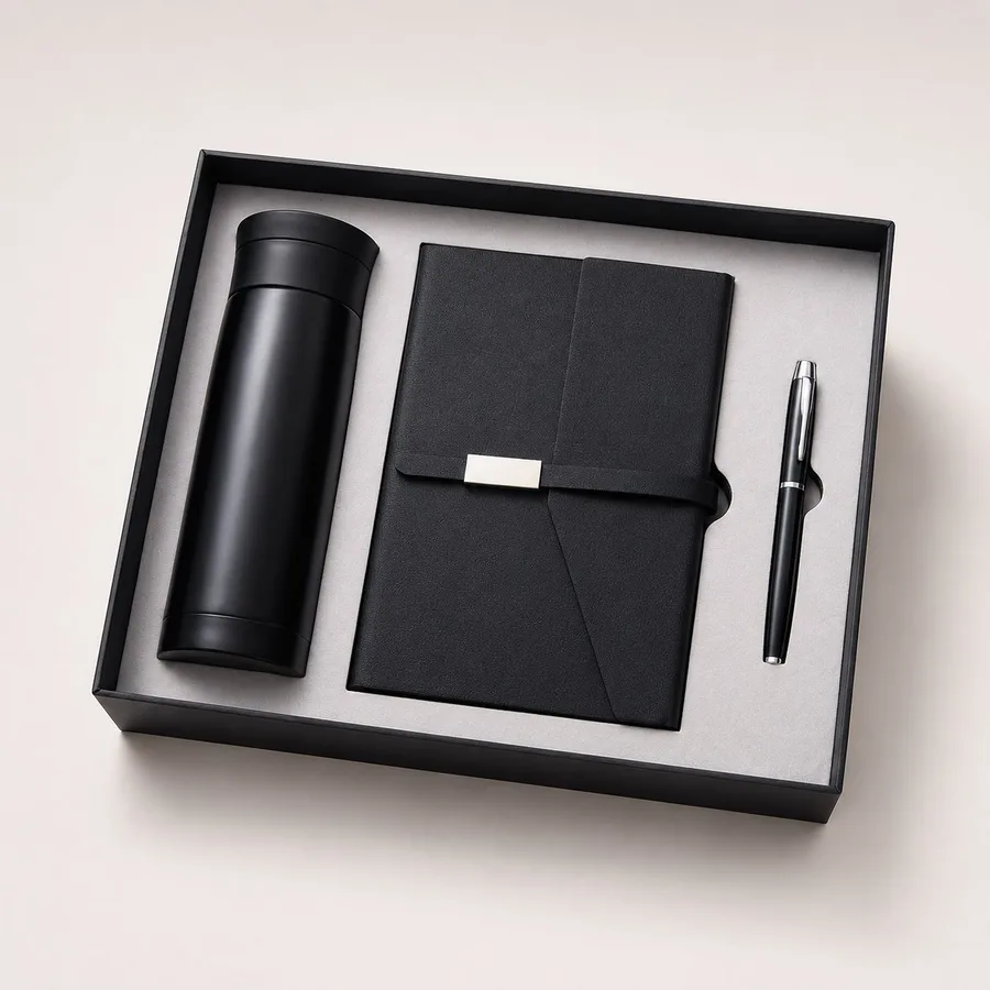 Black corporate gift set with tumbler notebook and pen