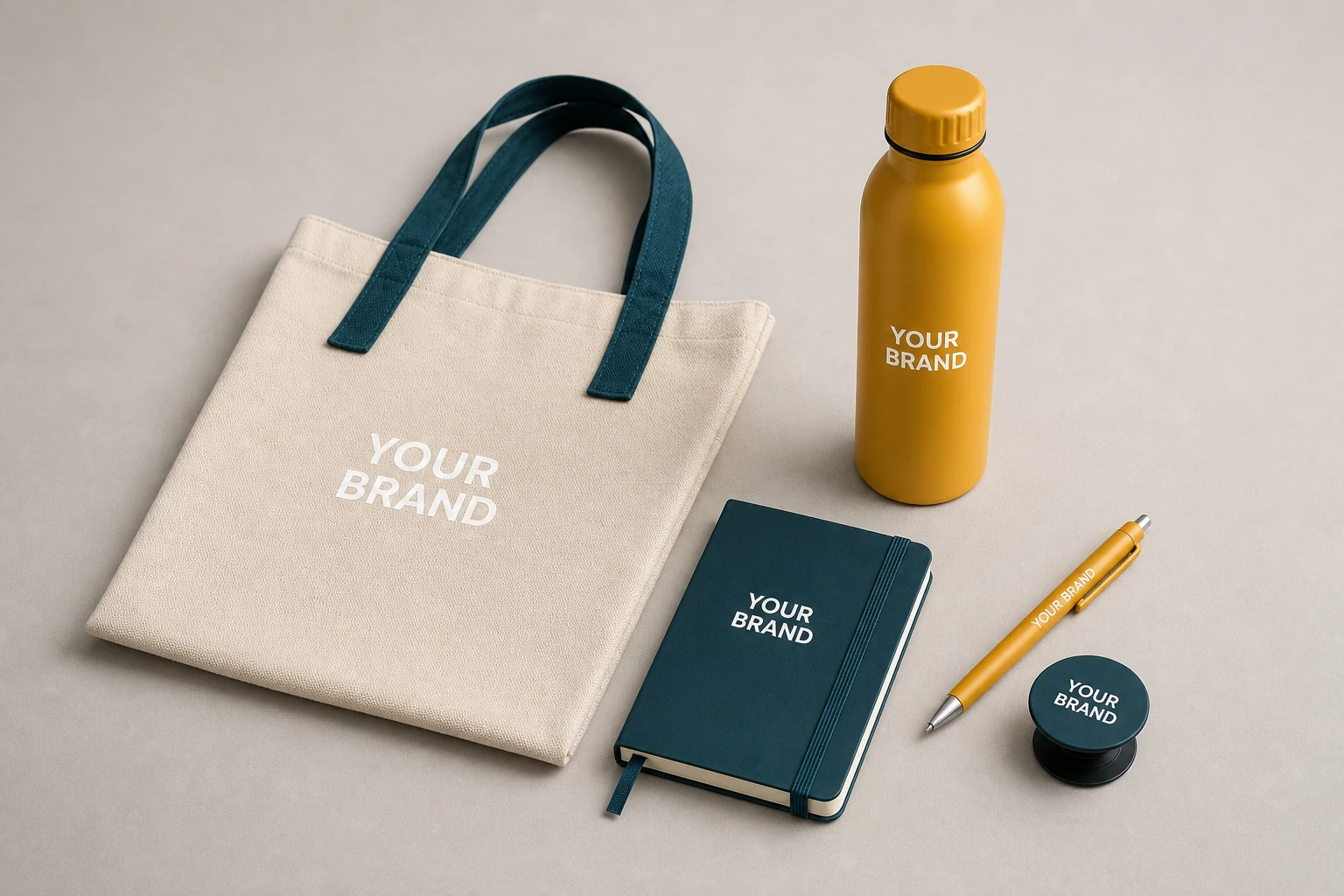 Event Essentials set with canvas tote, sports bottle, A6 notebook, pen and phone grip