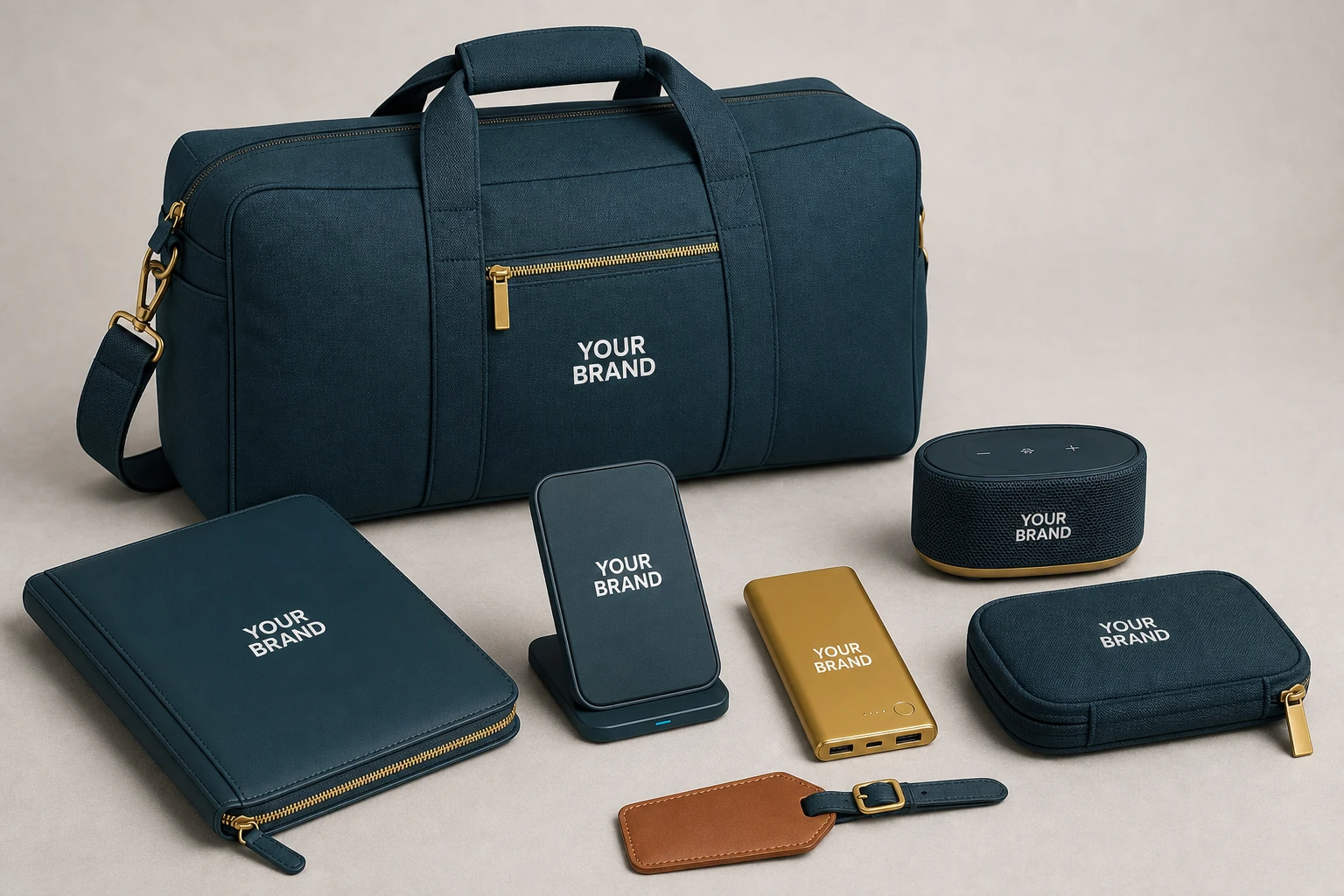 Premium travel and tech collection with weekender bag, business folio, wireless charger, power bank, speaker, cable organizer and luggage tag