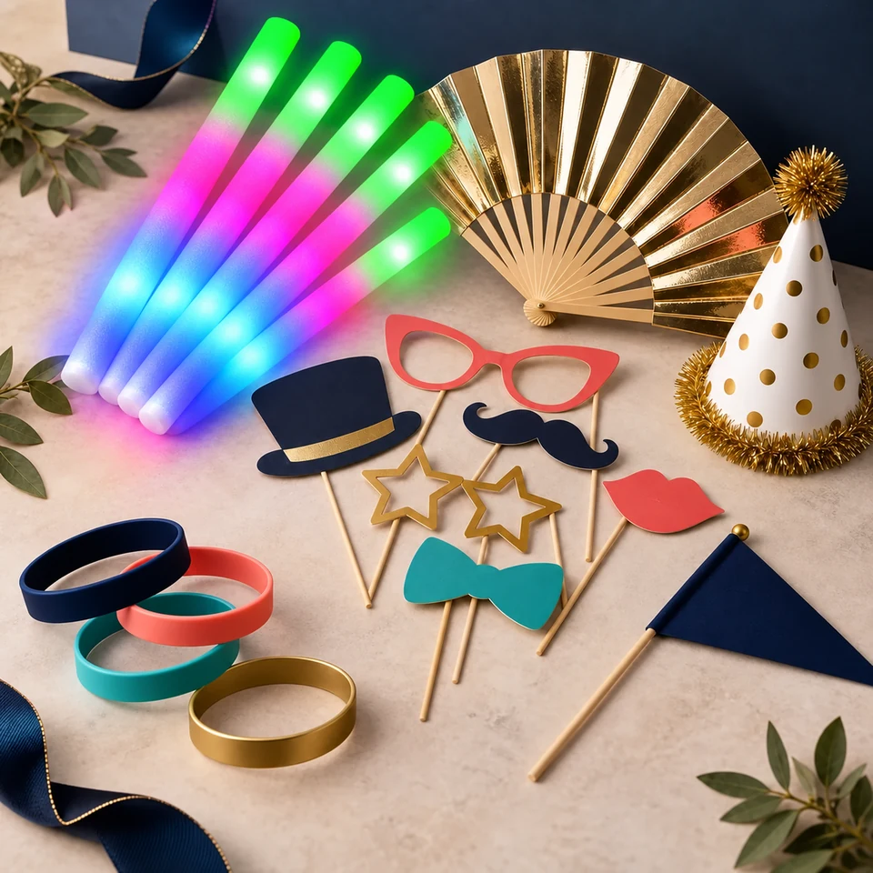 Collection of party props for events, including LED foam glow sticks