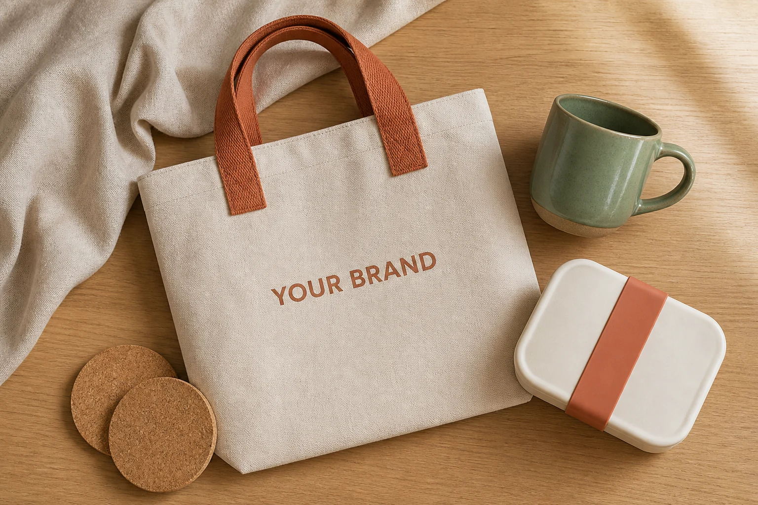 Everyday client appreciation set with canvas tote, ceramic mug, lunch container and cork coasters