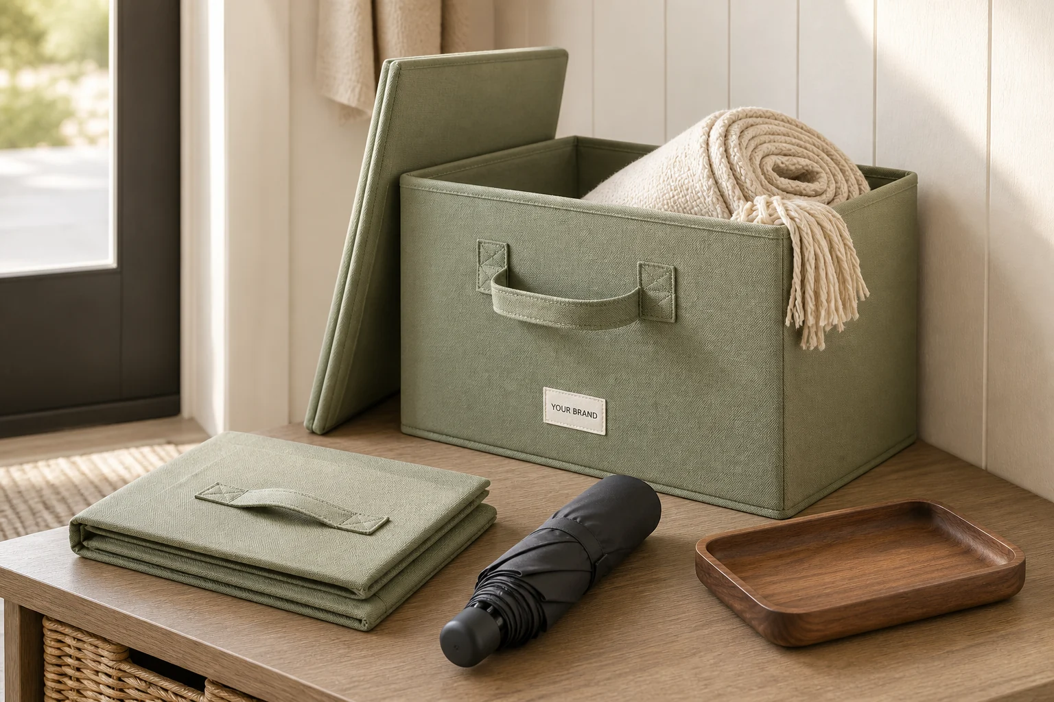 Home utility client gift set with foldable storage boxes, compact umbrella, woven throw and wood tray