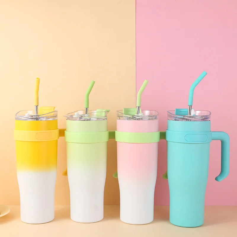 Custom 40 oz gradient handled tumbler with straw