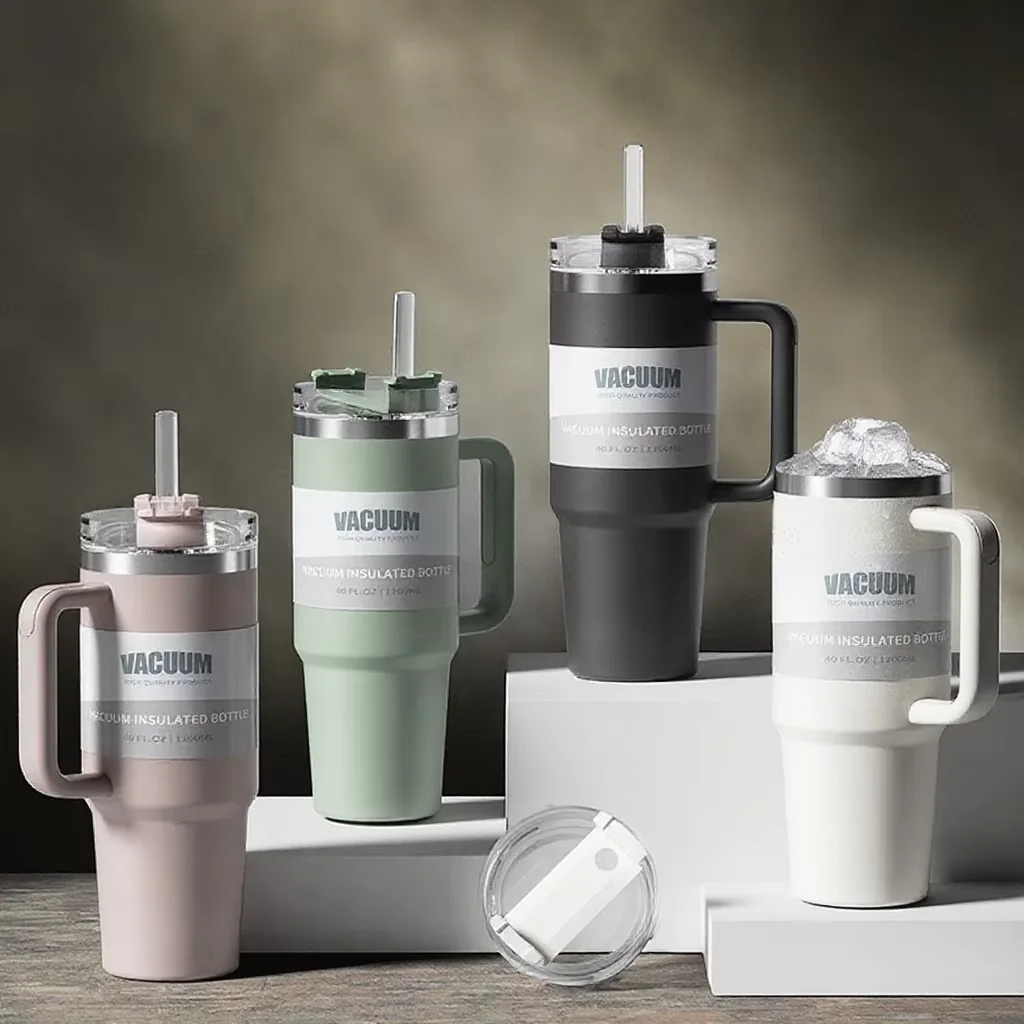 Custom 40 oz vacuum travel tumbler with handle and straw