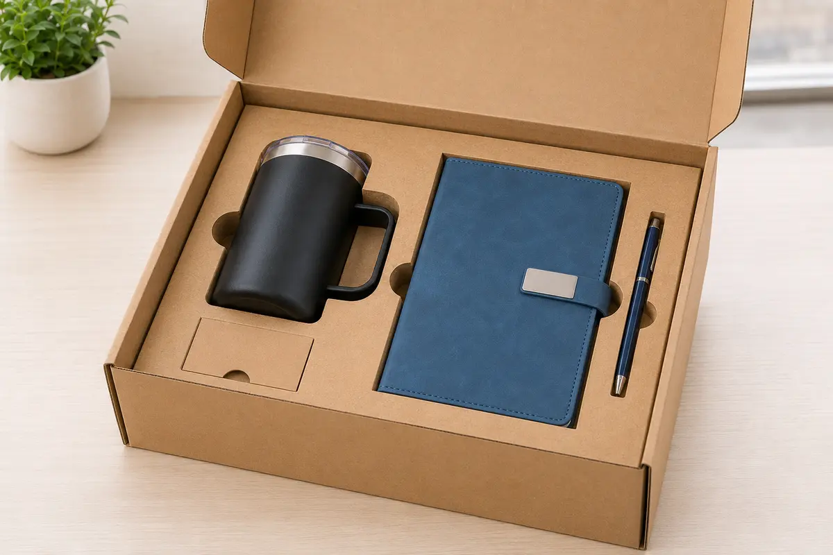 Essential employee welcome kit with mug, notebook, pen and kraft mailer box