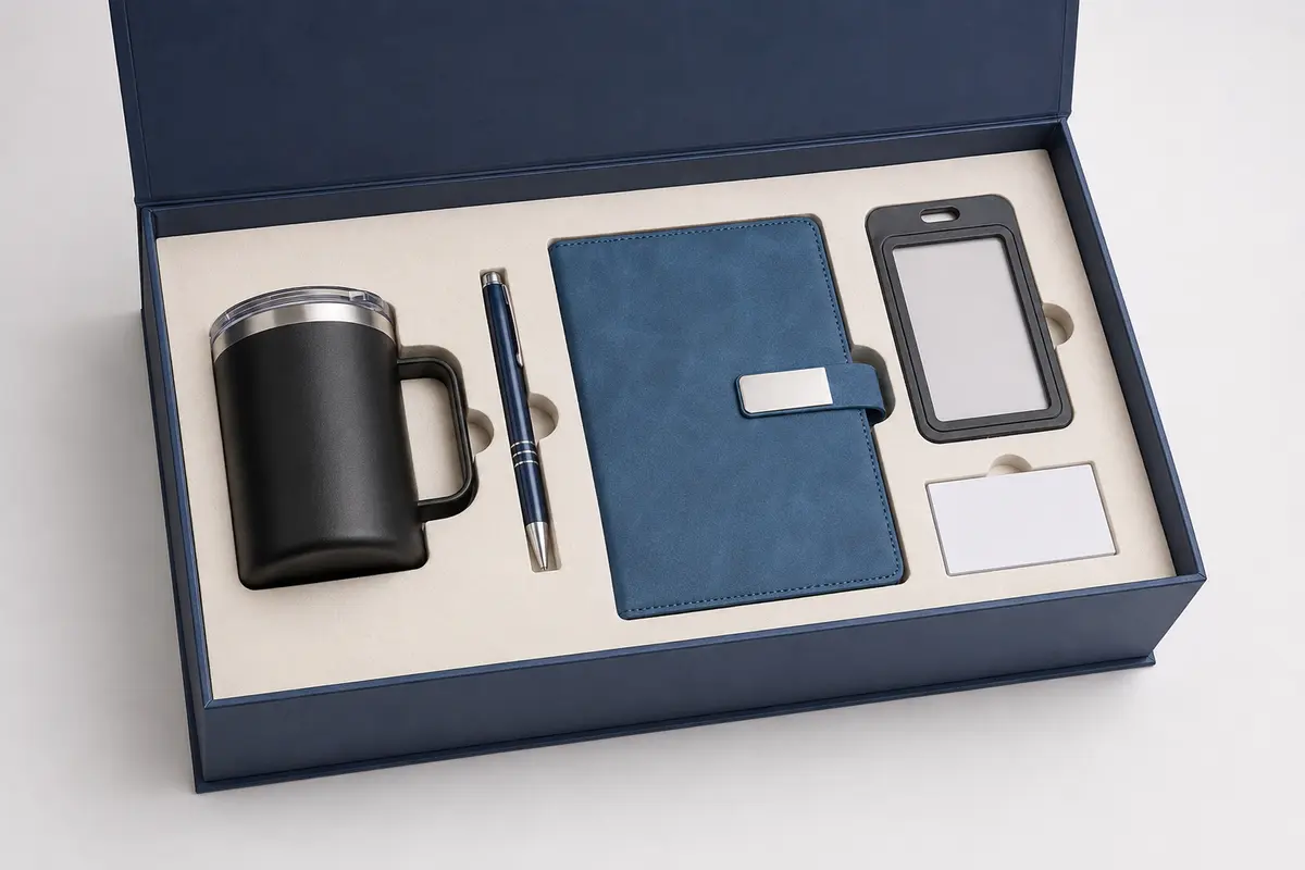 Custom packaging options for employee welcome kits with gift box, tissue paper, card, sticker and paper band