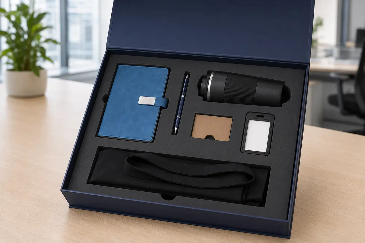 Premium-look employee onboarding kit with black travel tumbler, notebook, tote bag and custom gift box