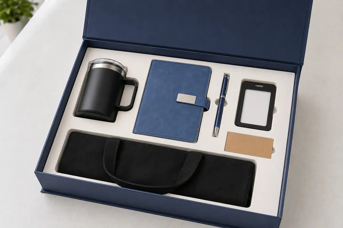 Standard employee onboarding kit with mug, notebook, pen, tote bag and ID badge holder