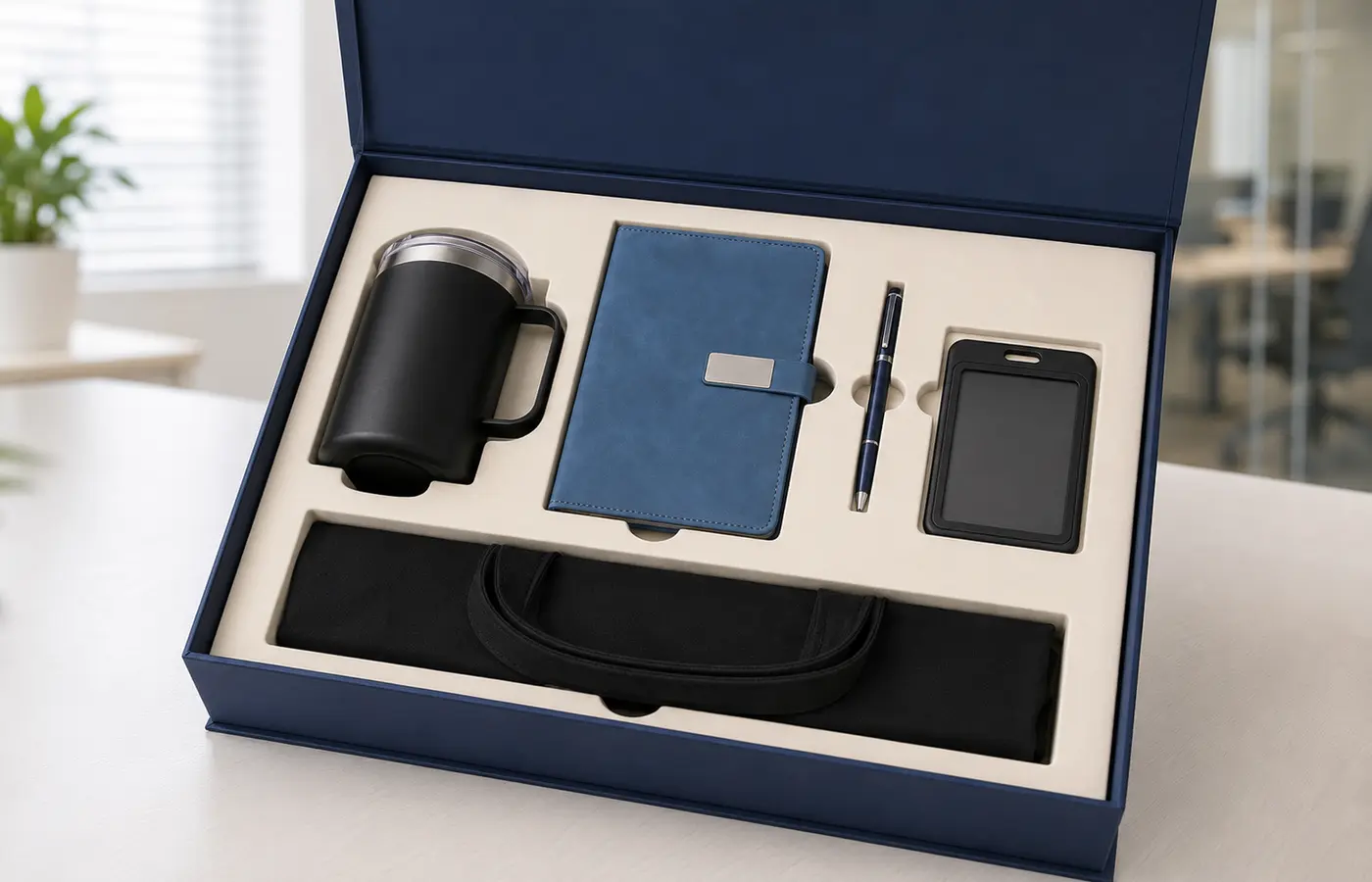 Custom employee onboarding kit with branded mug, notebook, pen, canvas tote and gift box