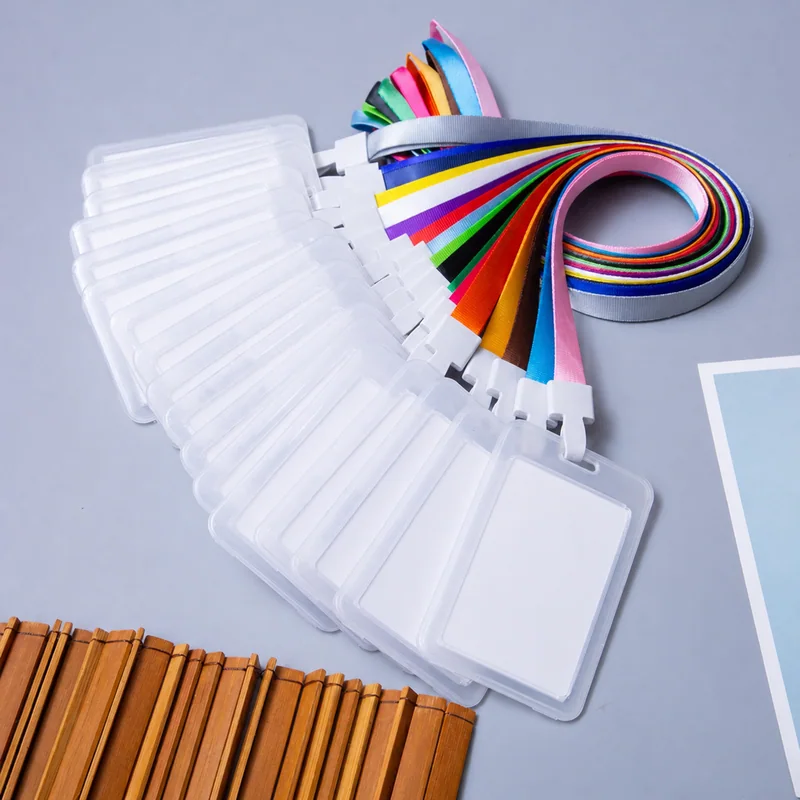 Blank ID badge holders with lanyards in multiple colors