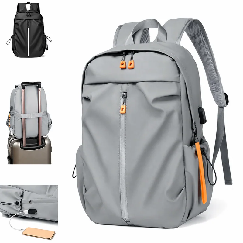 Light gray lightweight backpack with orange zipper accents