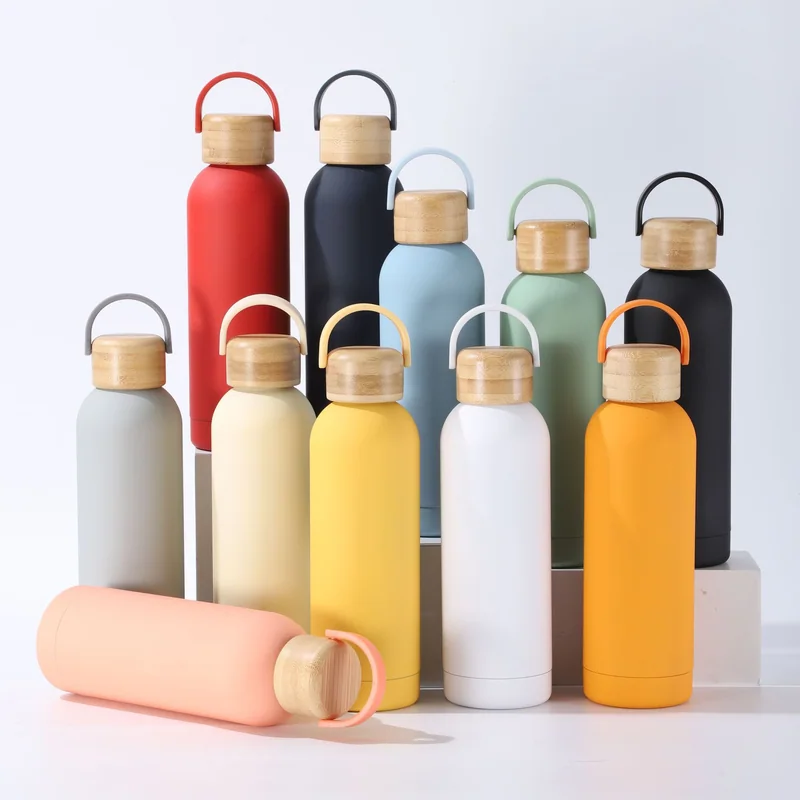 Reusable bottle color options with wood-look lids and carry handles