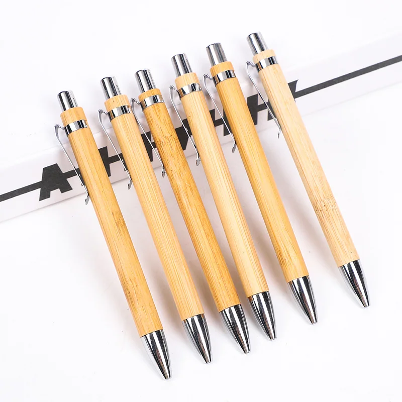 Bamboo-look click pens with silver trim
