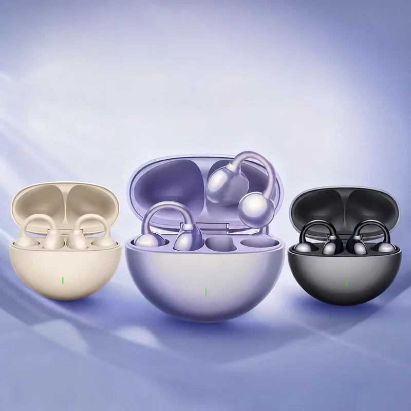 Wireless earbuds with open charging cases in cream, lavender and black