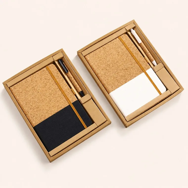 Cork notebook and pen gift sets in kraft presentation boxes