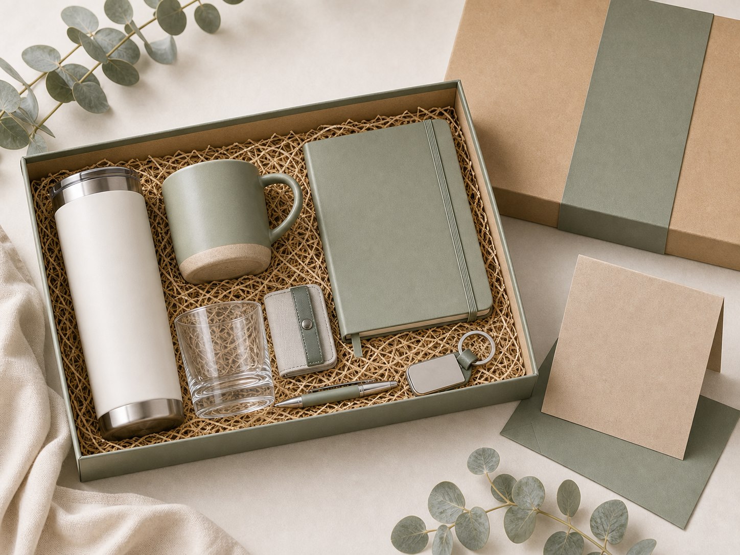 Kraft-style gift box with coordinated products and paper cushioning