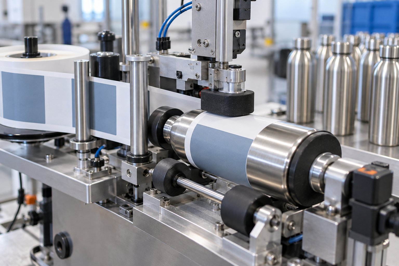 Automatic label applicator applying an adhesive label to a stainless steel bottle