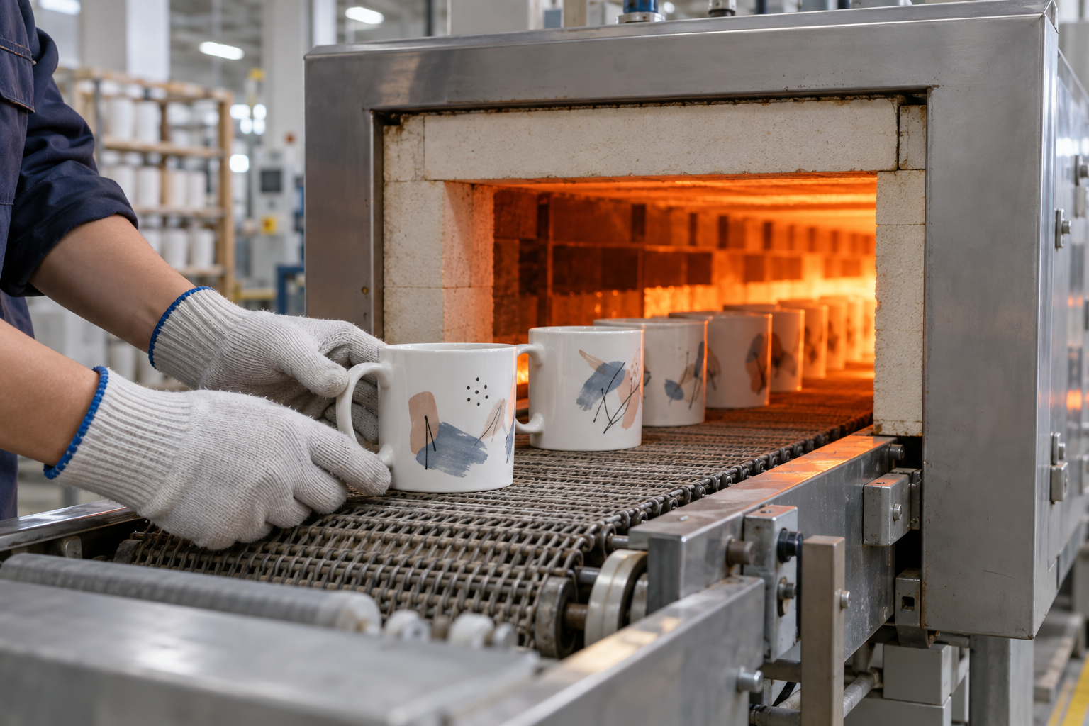 Ceramic mugs entering a high-temperature decal firing kiln