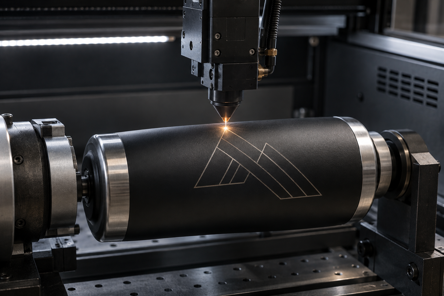 Laser engraver marking a black stainless steel tumbler