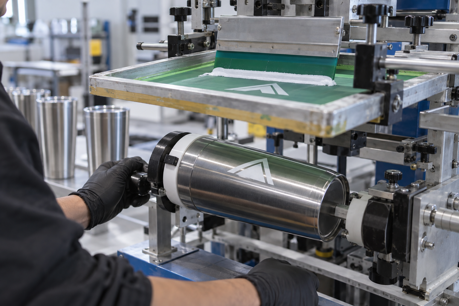 Screen printing machine applying a mark to a stainless steel tumbler