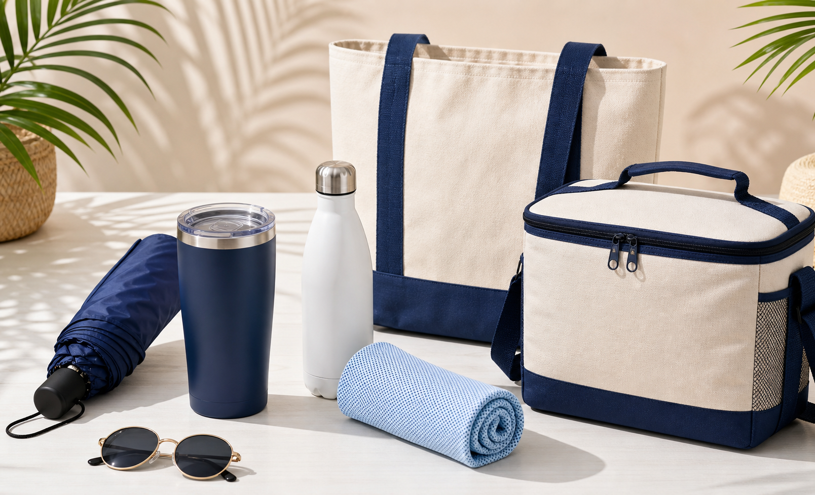 Summer promotional gift kit with umbrella, tumbler, water bottle, cooling towel, tote bag and cooler bag