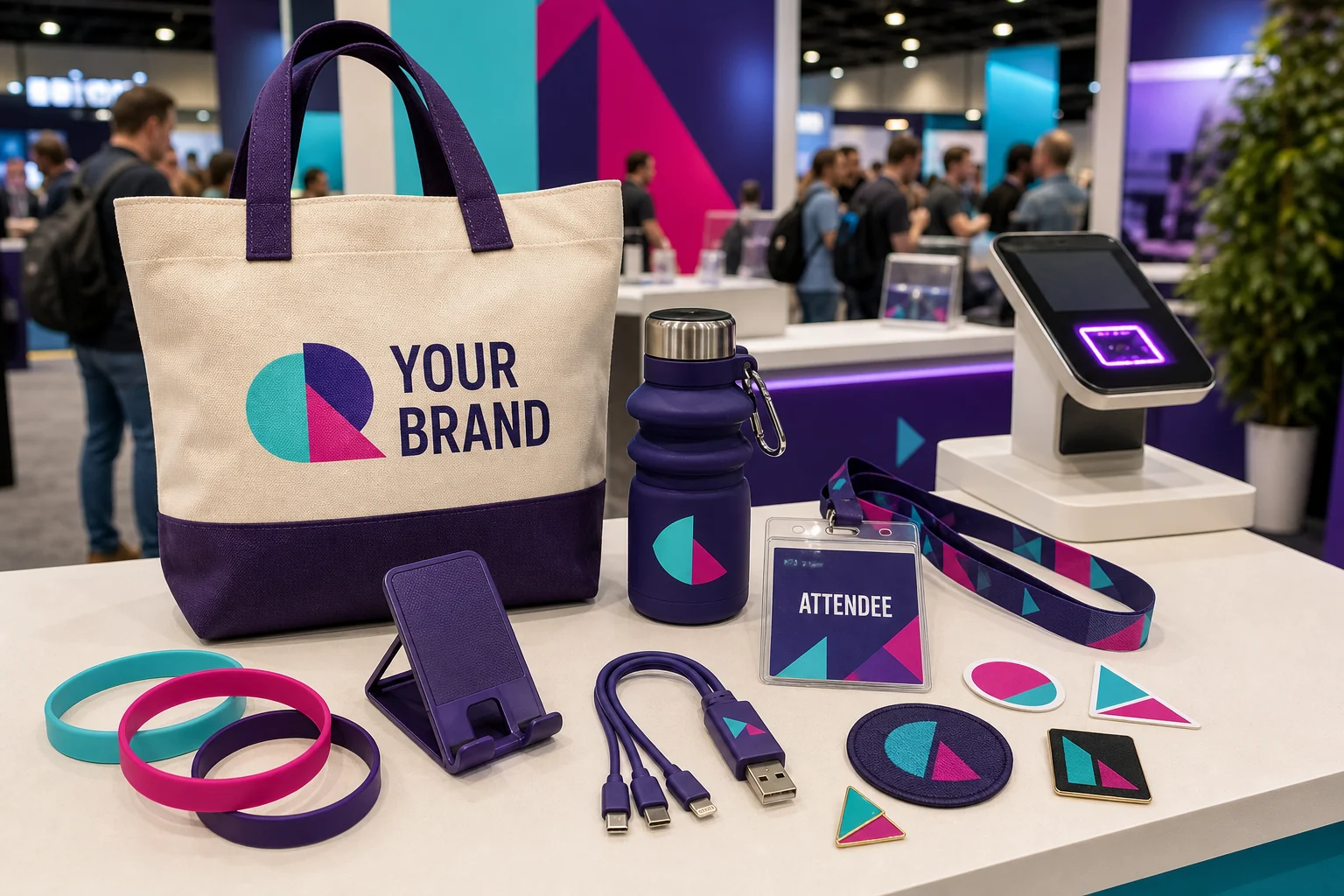 Attendee giveaway kit with canvas tote, collapsible bottle, lanyard, wristbands, phone stand, charging cable, patches, pins and stickers