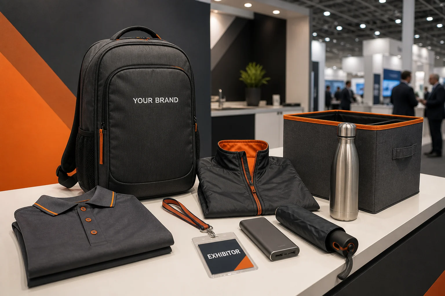 Exhibitor staff kit with backpack, polo shirt, lightweight jacket, badge, insulated bottle, power bank, umbrella and storage cube