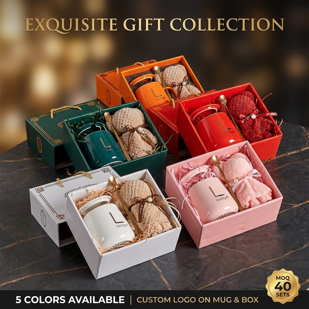 Premium ceramic mug and towel gift boxes in five colors